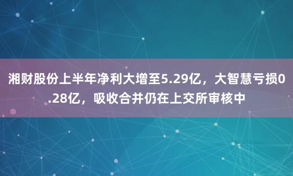 湘财股份上半年净利大增至5.29亿，大智慧亏损0.28亿，吸收合并仍在上交所审核中