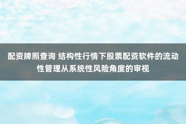 配资牌照查询 结构性行情下股票配资软件的流动性管理从系统性风险角度的审视